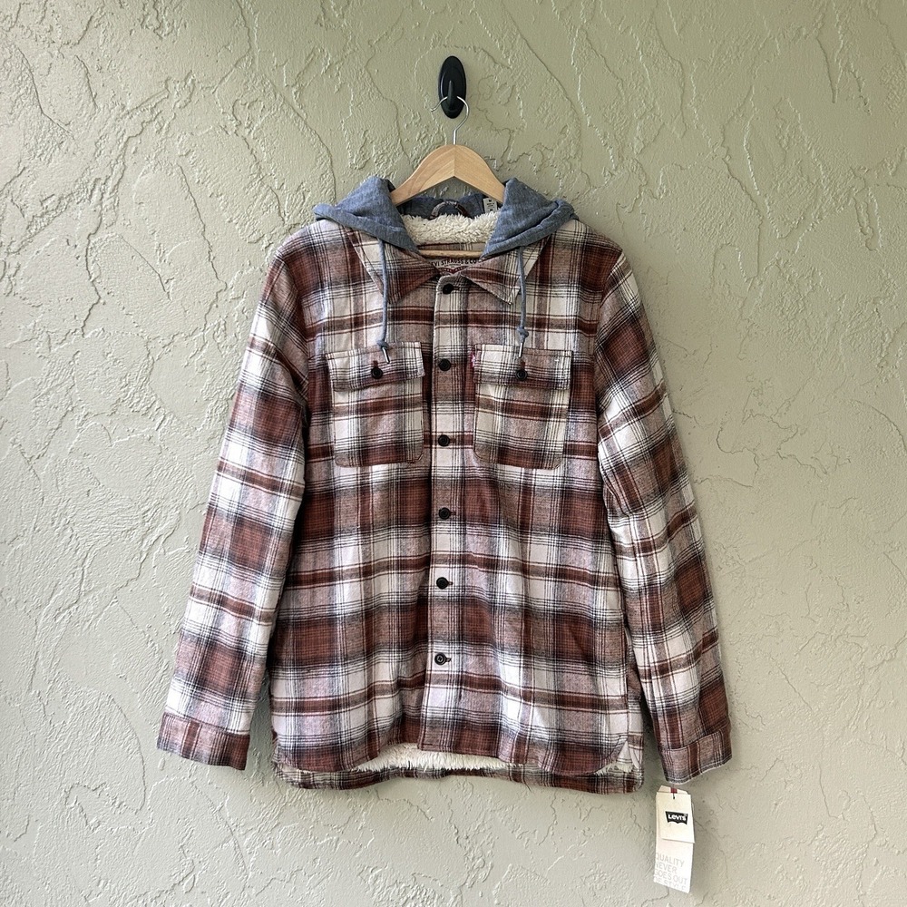 Levi's Men's Size Medium Brown Faux Sherpa Lined Plaid Hooded Shirt Jacket NWT